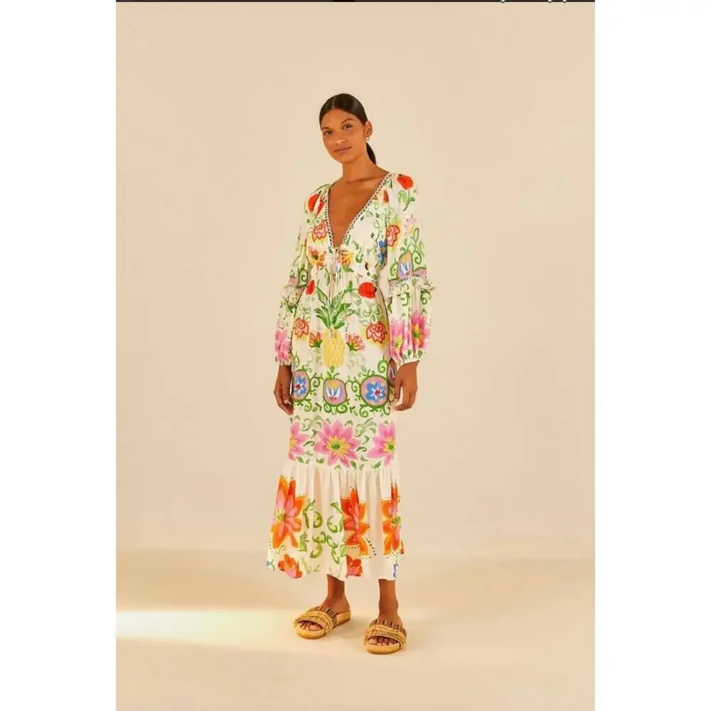 B58 FARM Rio Pineapple Floral Maxi Dress Small Boho Resort Vacation Tropical - Picture 2 of 10